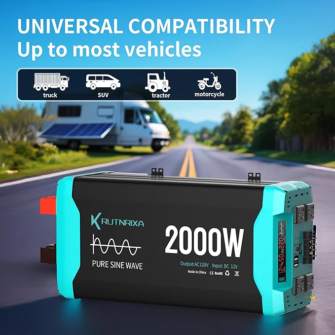 2000W Pure Sine Wave Inverter 12V DC to 120V AC for RV, Truck, Off-Grid, Home, Solar Car Power Inverter with Dual AC Hardwire Port, 50A Socket, 5V 2.1A USB