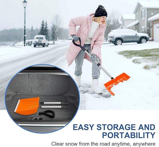 Ergonomic Large Snow Shovel for Driveway: 48-Inch Dual-Lock Knob Anti-Wobble Handle, 16" Plastic Blade w/Metal Edge, Ultra-Light 1.9 lb, Portable Aluminum Shaft, Car, Camping & Emergency, Orange