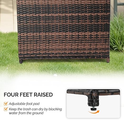 VINGLI 72 Gallon Outdoor Trash Can with Convenient Lid, Rattan Garbage Container with Side Hook, Weatherproof Patio Trash Can for Graden, Yard, Patio, Brown