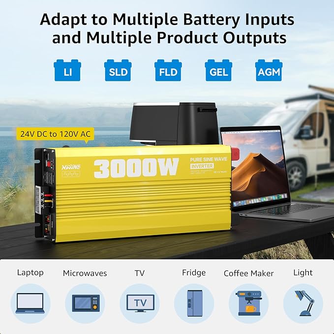 XWJNE 3000W Pure Sine Wave Power Inverter 24V DC to 120V AC Converter with LED Display and Remote Controller for Home, RV, Truck, Off-Grid Solar Power