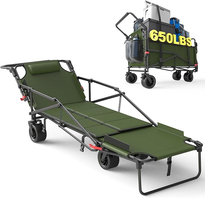 LEVELEVE Heavy Duty Folding Wagon - 2-in-1 Collapsible Cart, 650lb Capacity, All-Terrain Wheels w/Brakes & Side Pockets