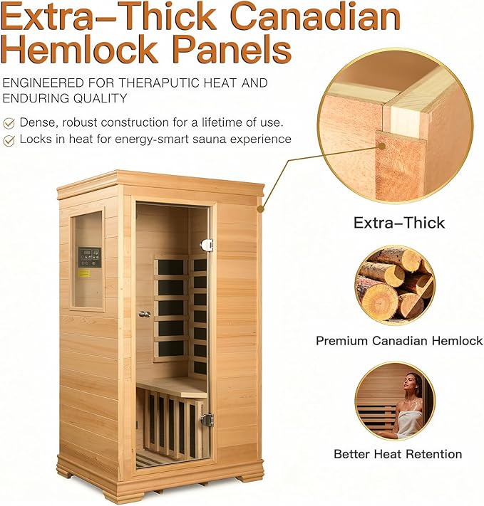 Indoor Infrared Sauna Room, Premium Canadian Hemlock Wood, Built-in Speakers, Tea Tray, Easy Setup, Quick Heating, Perfect Home Sauna, 35 * 27 * 61 Inch