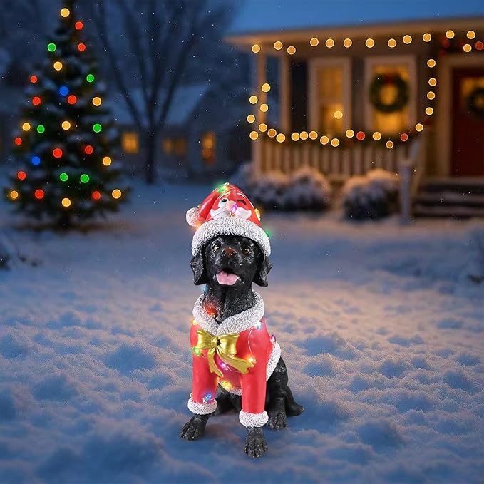 Christmas Outdoor Decoration Dog Statue, LED Light Cute Labrador Dog Sculpture with Pink Santa Outfit & Lights for Garden and Yard, Indoor Holiday Décor Gift for mom and dad