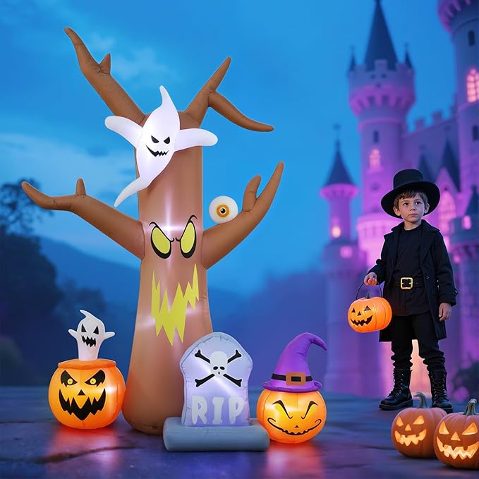 8FT Halloween inflatables Tree, Blow Up Yard Scary Dead Tree with Pumpkin Ghost Tombstone Inflatable for Garden Lawn Indoor Party Decor, Halloween Decorations Outdoor