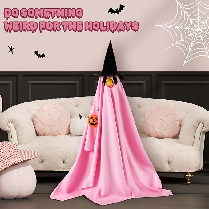 Halloween Porch Goose Outfit Ghost Lawn Goose Clothes with Pumpkin Bag for 23" Disco Plastic/Cement Outdoor Patio Yard Lawn Art Decoration(Pink,Matte)