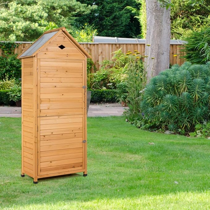 Goplus Outdoor Storage Shed, Lockable Fir Wood Garden Tool Storage Cabinet with Galvanized Sheet Roof for Garden, Yard, Natural Color