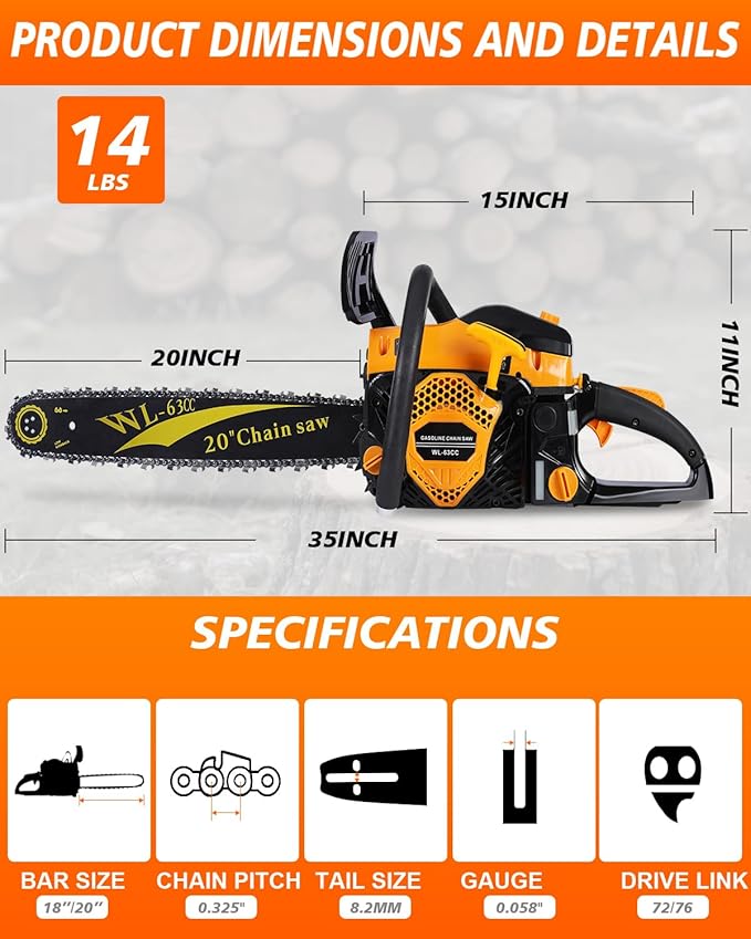 63cc Gas Powered Chainsaw 20 Inch, 3.2KW 2-Stroke Engine, Heavy Duty Gas Chain Saw with 2 Chains & 2 Bars, Automatic Oiler, Anti-Vibration Handle for Logging, Firewood & Tree Cutting