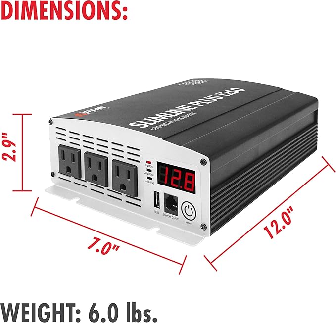 Wagan EL3732 1250W Slimline Plus AC to DC Power Inverter 1250 Watt TrueRated Continuous 2600 Watt Surge Power DC 12V to AC 110V Illuminated Display 2 AC Outlets and 2A USB Charging Port