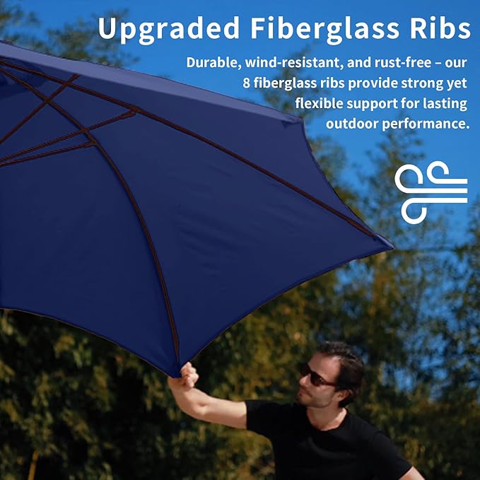 9FT Patio Umbrella with Fiberglass Ribs, Outdoor Market Table Umbrella with Crank and Tilt, UV Resistant Waterproof Canopy for Patio, Garden, Deck, Pool, Navy Blue