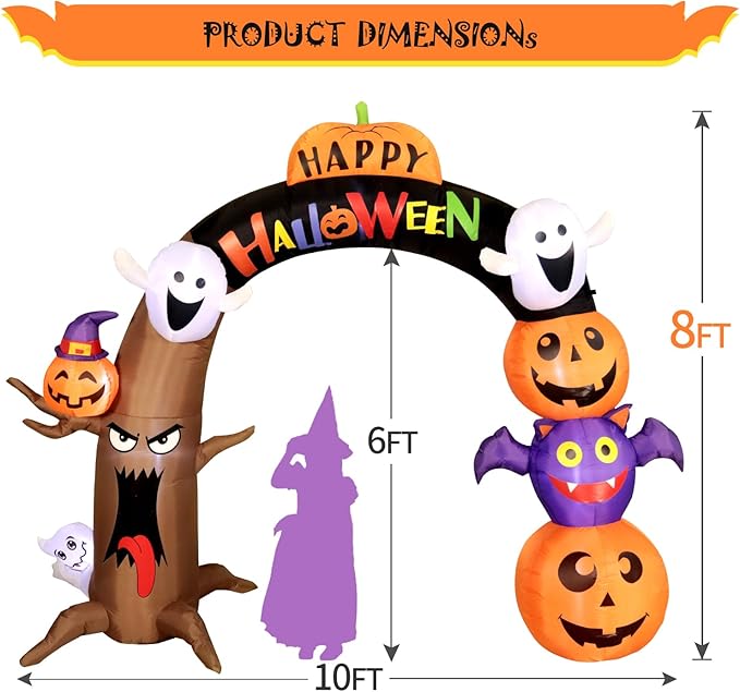 DomKom 10FT Long&8FT Tall Gaint Halloween Inflatable Decorations Dead Tree Arch, Build-in LED Lights Holiday Blow Up Yard Decoration for Halloween Holiday Party Outdoor, Garden Yard Lawn Decor