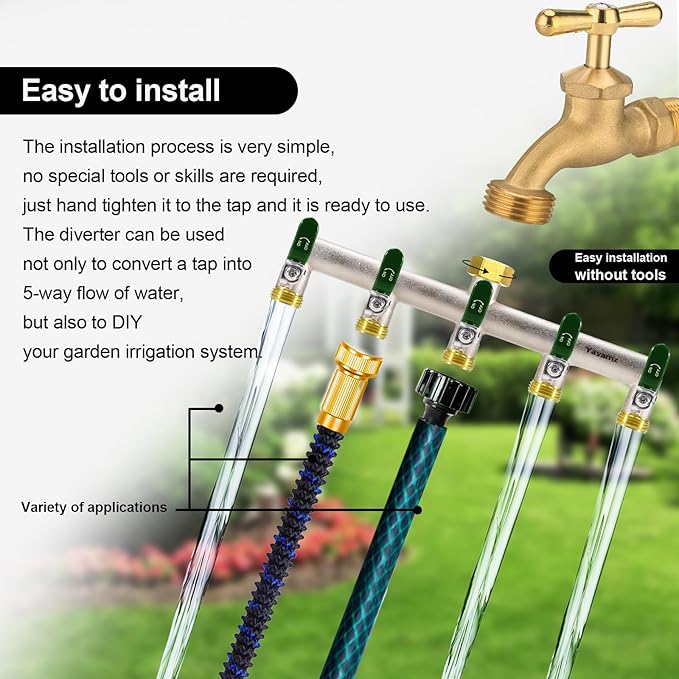 5 Way Garden Hose Splitter, Heavy Duty Brass Nickel Plated Rust Resistant Faucet Manifold, 3/4" Frost Resistant Outdoor Hose Adapter Connector，Hose Spigot Adapter with 5 large Green handles