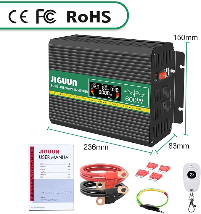 Pure Sine Wave Inverter,600W 12V to 110V Power Inverter Converter,USB Output LCD Display for Home Camping RV Emergency Appliance with Protective Cap