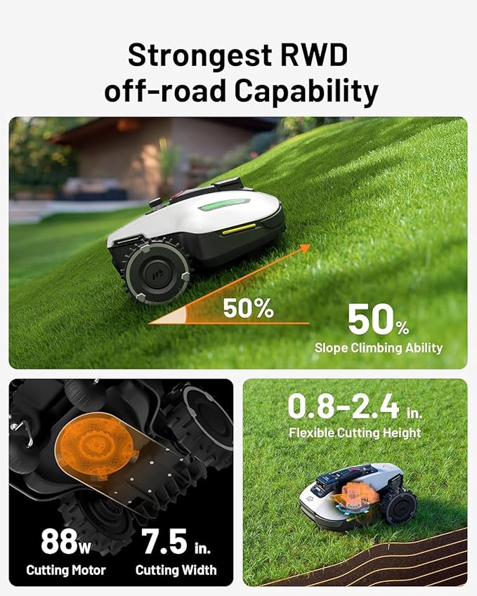 YUKA Mini 500 Robotic Lawn Mower with Replacement Blades for 0.12 Acre, Max. 0.25 Acre, Ultrasense AI Vision+ RTK Positioning, Auto Mapping, App Control, 50% Slope, 15 Mowing Zones Management