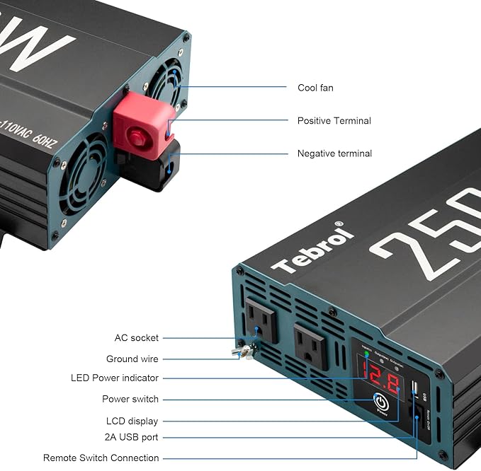 2500W Pure Sine Wave Inverter 12V DC to 110V AC Converter for Home, RV, Truck, Off-Grid Solar Power Inverter with Built-in 5V/2.1A USB, AC Hardwire Port, Remote Controller