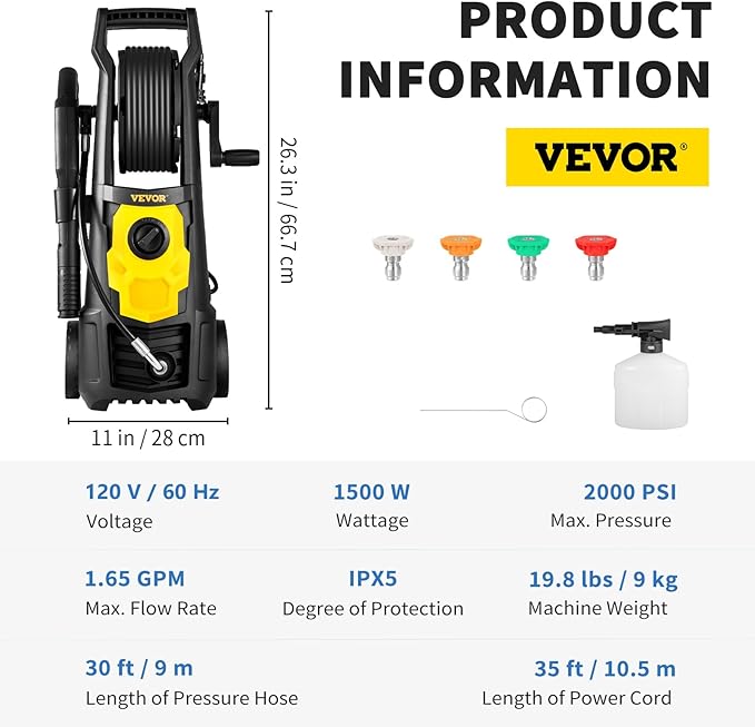 VEVOR Electric Pressure Washer, 2000 PSI, Max 1.65 GPM Power Washer w/ 30 ft Hose & Reel, 5 Quick Connect Nozzles, Foam Cannon, Portable to Clean Patios, Cars, Fences, Driveways, ETL Listed
