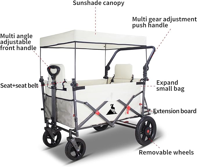 Collapsible Foldable Wagon Cart with Quick-Release Wheels & 2 Seats Camping Wagon- Heavy-Duty Utility Wagon 265LBS Capacity for Camping, Garden, Shopping (Beige)