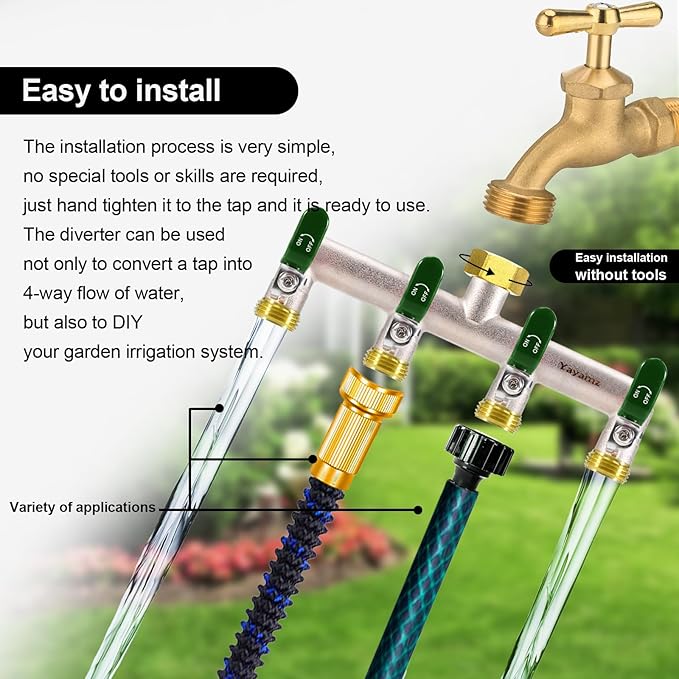 4 Way Garden Hose Splitter, Heavy Duty Brass Nickel Plated Rust Resistant Faucet Manifold, 3/4" Frost Resistant Outdoor Hose Adapter Connector，Hose Spigot Adapter with 4 large Green handles