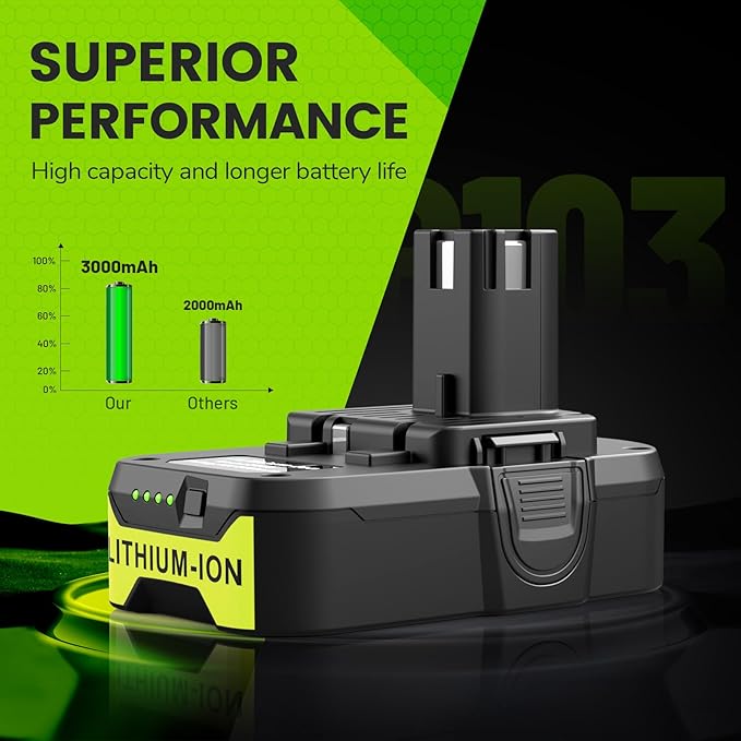 ARyee 3000mAh P108 Compatible with Ryobi Lithium Battery 18 Volt ONE+ P102 P103 P104 P105 P107 P108 P109 P190 P191 P122 with LED