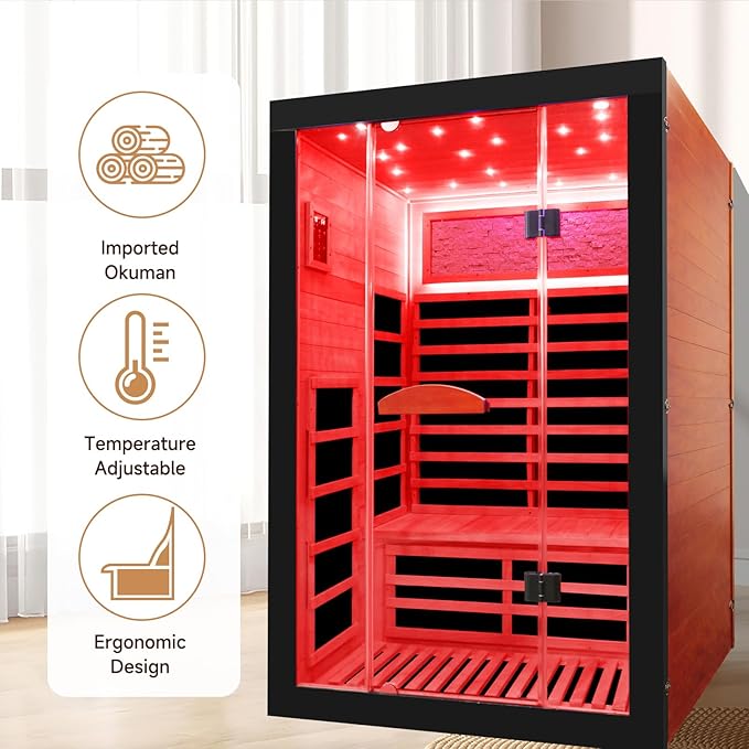 Infrared Sauna 2000W Wooden Saunas Home Spa Room Wood Low-EMF Indoor Saunas with with 7 Color Starry Sky Ceiling Light for Two Person 74.8 * 47.2 * 41.3Inch