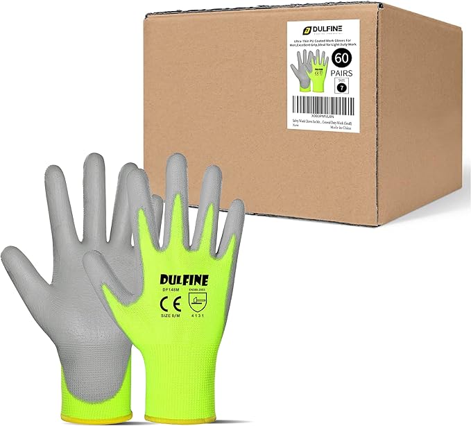 DULFINE Safety Work Gloves for Men PU Coated 60 Pairs Bulk Pack,Hi-Vis Yellow Seamless Knit Glove with thin Polyurethane Coated Smooth Grip on Palm & Fingers,Ideal for General Duty Work (Extra Large)