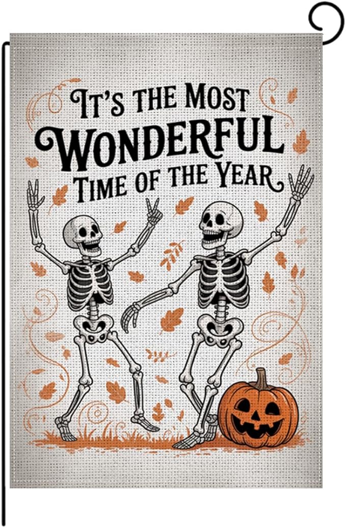 HTBIG Funny Halloween WSkeleton Garden Flag, Halloween Wonderful Time Flag, Yard Flags for Outside 12x18 inch, Outside Yard for Home Decorations