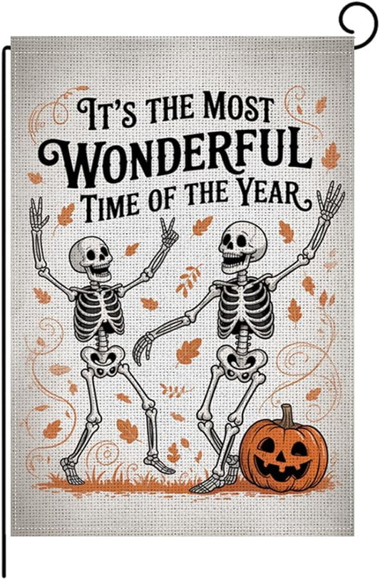 HTBIG Funny Halloween WSkeleton Garden Flag, Halloween Wonderful Time Flag, Yard Flags for Outside 12x18 inch, Outside Yard for Home Decorations