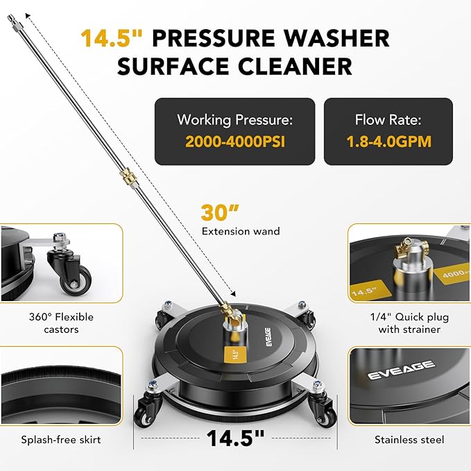 EVEAGE 14.5" Pressure Washer Surface Cleaner, Upgraded Stainless Steel Pressure Washer Accessories with 4 Weels & 1/4" Quick Connector, 4,000 PSI Power Washer for Driveways Sidewalks Patios Cleaning