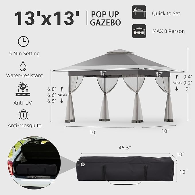 Bezseller 13x13 Pop Up Gazebo Tent with Mosquito Netting – Quick Set Up, Water-Resistant Outdoor Canopy for Patio, Garden, Backyard, and More,Deep Grey