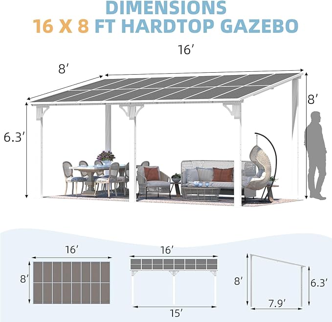 AECOJOY 16' x 8' White Gazebo Outdoor Pergola for Patio, Hard Top Lean to 8x16 Gazebo Shelter Pergolas and Gazebos Clearance with Roof, Large Wall-Mounted Heavy Duty Awnings for Patio