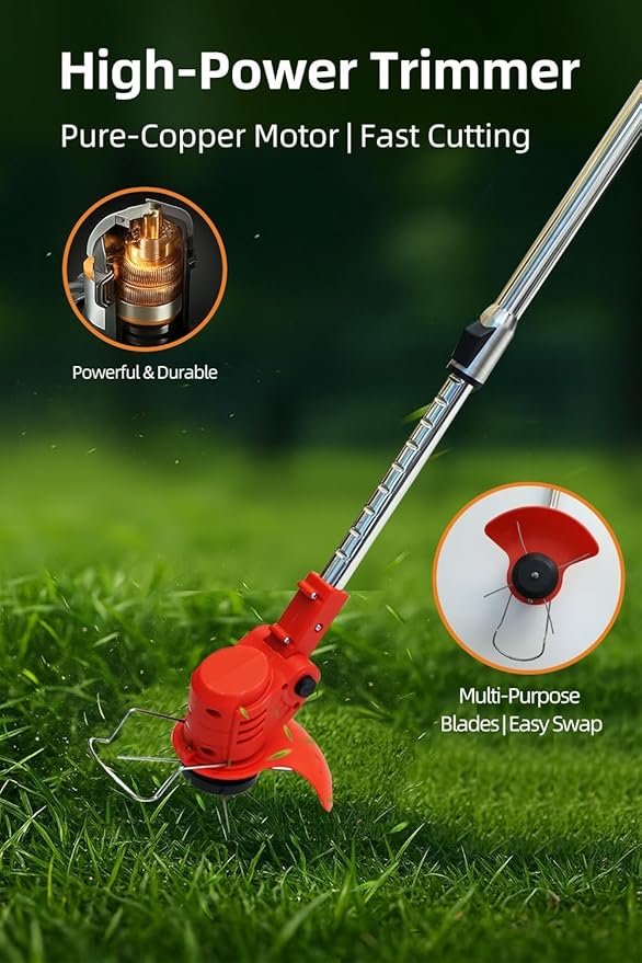 Cordless String Trimmer, Weed Wacker, Nylon Trimmer Head as Its Core Cutting Accessory, Telescopic Shaft and Foldable, 2 x Batteries, String Trimmer Cordless for Lawn, Garden and Yard, Red