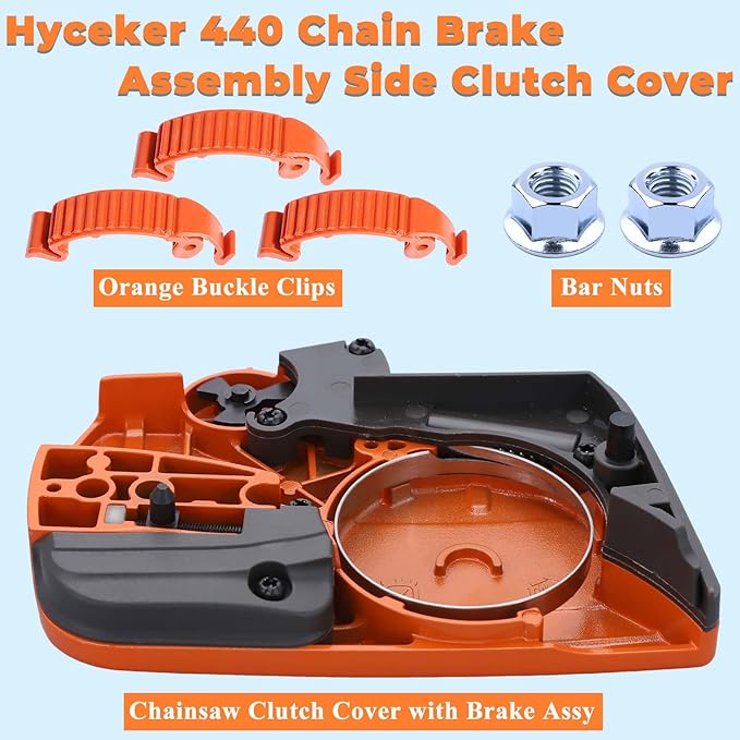440 Chain Brake Assembly Side Clutch Cover for Husqvarna 440 Chainsaw, Husky 440e II Chainsaw Clutch Cover with Brake Assy & Bar Nuts Buckle Clips Kit, 501388203 Clutch Cover Chain Saw Parts
