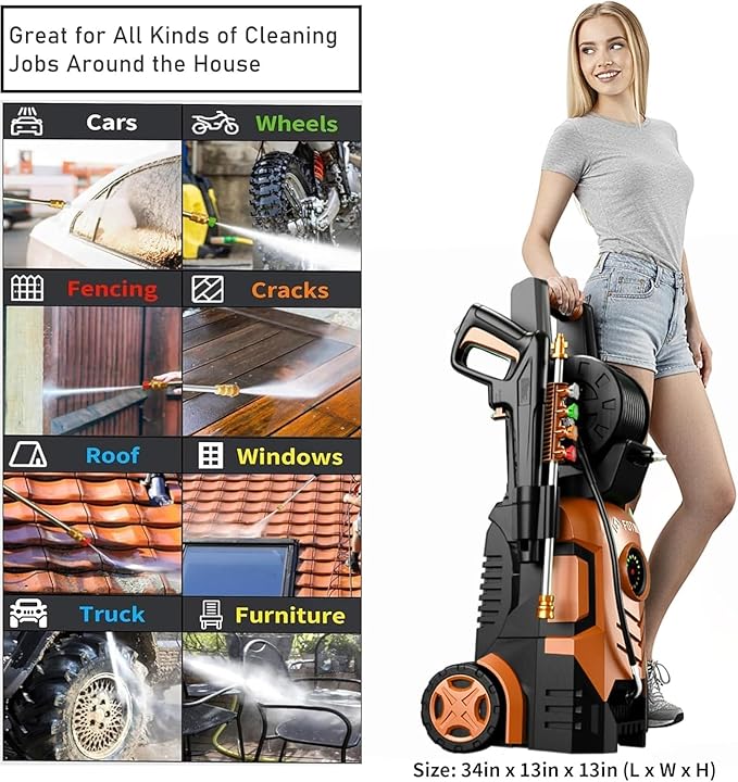 2025Upgraded Pressure Washer 5000PSI with Adjustable Touch Screen 8 Level, 34" Tall, 4 Quick Connect Nozzles,Inlet Hose&Filter&500mlFoam Cannon for Cars/Fences/Driveways/Home Cleaning,Red