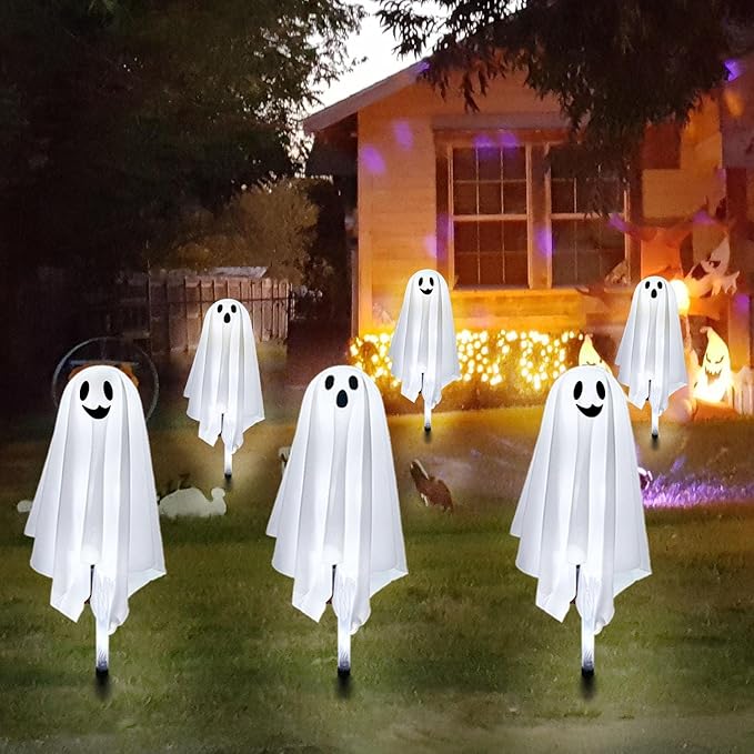 Halloween Ghost Pathway Lights with Stakes, 6PCS Solar Light Ghost Decorations, Waterproof Outdoor Lights for Yard, Lawn, Driveway, Halloween Decor (White)