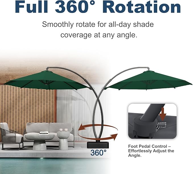 11FT Cantilever Umbrella with Base Large Curvy Outdoor Aluminum Offset Umbrella w/ 360° Rotation, UV Resistant Canopy for Patio, Garden, Backyard, Forest Green