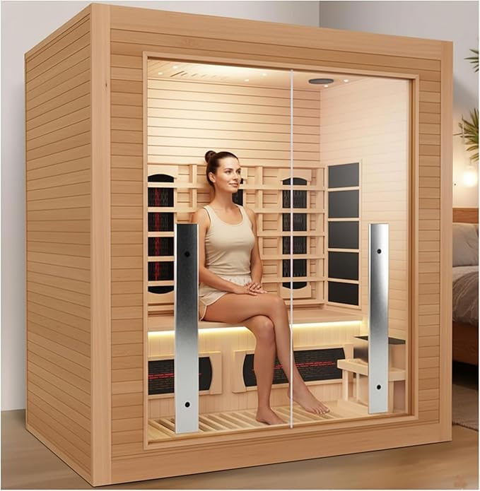 3-4 Person Hybrid WiFi Control Indoor Sauna, Far Infrared Wood Steam Sauna Room, Canadian Hemlock, Red Light Therapy, 11 Heating Elements & Electric Stove, Large Tempered Glass Door, Left Door