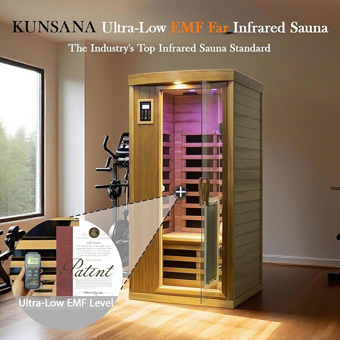 Red Cedar Personal Indoor Infrared Sauna Room, Low EMF Far-Infrared Sauna, Dual LCD Control Panel Inside and Outside,Bluetooth Speaker, Tempered Glass Door with Far Infrared Heating Panel