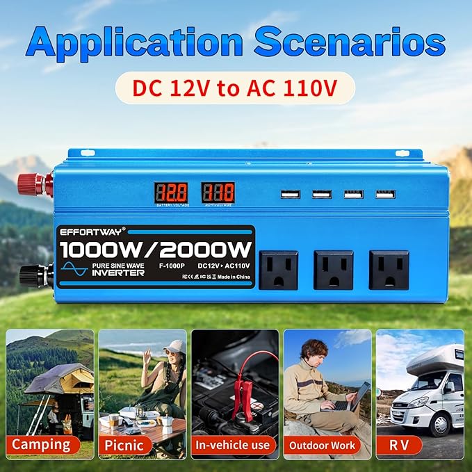 1000W Pure Sine Wave Inverter DC 12V to AC 110V/120V Converter 2000w (Peak) Car Power Converter with 3 AC Outlets, 4USB Port,Power Inverter for Car, Truck, Home, Vehicles, Laptop