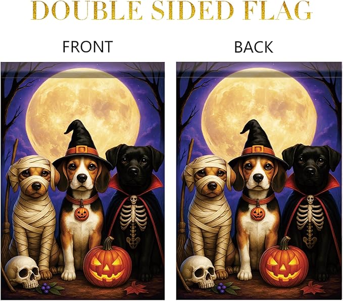 Halloween Fall Garden Flag Dog Costume Flag 12x18 Inch Double-Sided Beagle Labrador Mummy Skeleton Witch Pumpkin Yard Banner Autumn Outdoor Decor Porch Lawn Pathway Dog Lover Gift
