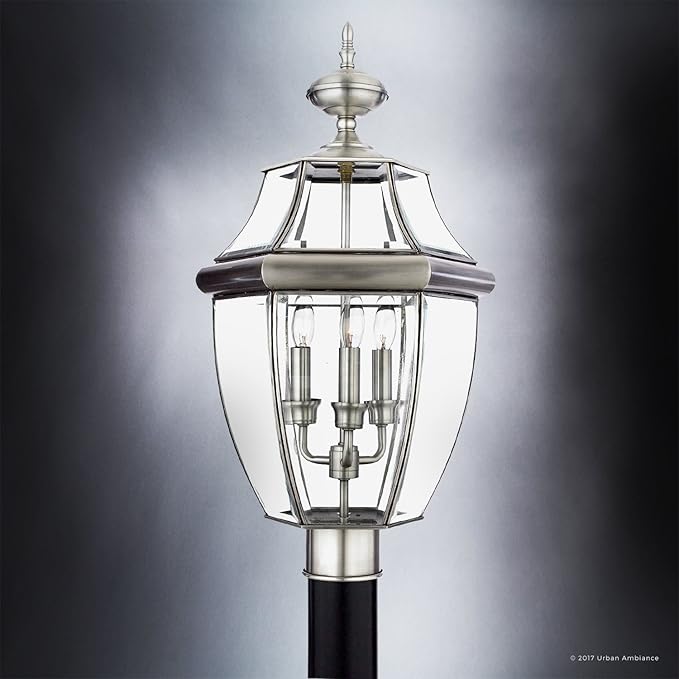 Urban Ambiance Luxury Colonial Outdoor Post Light, Large Size: 23" H x 12.5" W, with Tudor Style Elements, Versatile Design, Classy Aged Silver Finish and Beveled Glass, UQL1151