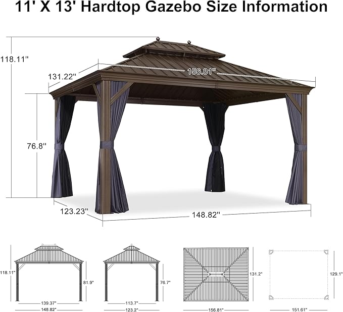 PURPLE LEAF 11' X 13' Outdoor Hardtop Gazebo Patio Wide Aluminum Frame Galvanized Steel Double Roof with Heavy Duty Netting and Curtains for Permanent Hard Top Pavilion Screen, Navy Blue