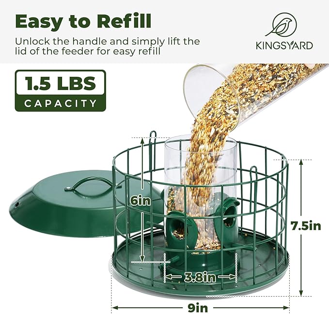 Kingsyard Mesh Caged Bird Feeders for Outdoor Hanging, Tube Squirrel Proof Bird Feeders with Seed Tray for Small Birds Finches Bluebird, Rain Proof Covered, 4 Feeding Ports, Green