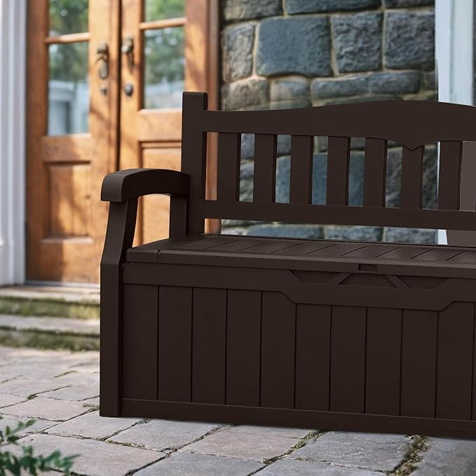 DEVOKO 80 Gallon Storage Bench Deck Box lockable for Patio Furniture, Garden Decor and Outdoor Seating for Cushions, Garden Tools and Pool Supplies.