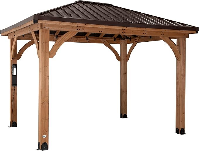 Backyard Discovery Barrington 12' x 12' Cedar Wood Outdoor Gazebo Pavilion with Hardtop Galvanized Steel Hip Roof, Snow Support, Wind Resistance, PowerPort, Shade for Garden, Patio, Deck, Entertaining