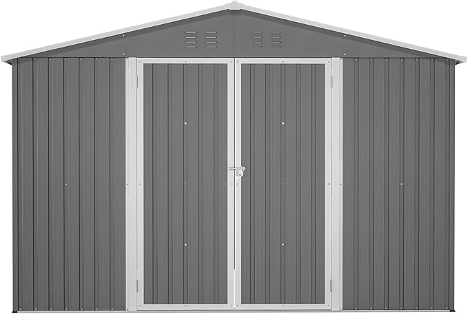 10 x 10 FT Outdoor Storage Shed, Large Metal Tool Sheds with Updated Frame Structure and Lockable Doors, Garden Shed for Backyard Garden Patio Lawn, Grey