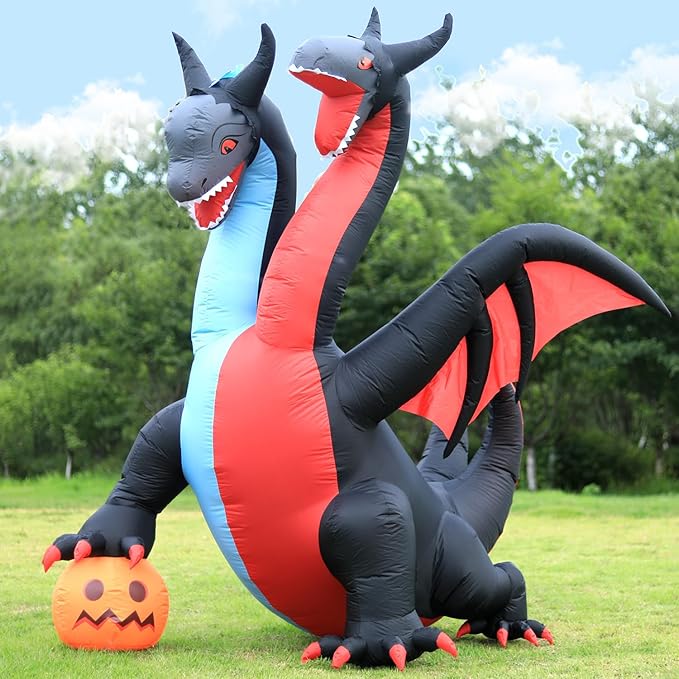 DomKom Halloween Inflatable Blow Up Decorations, 8FT Giant Two-Headed Dragon with Pumpkin, Built-in LEDs for Holiday Party, Garden, Lawn, Yard, Patio Décor
