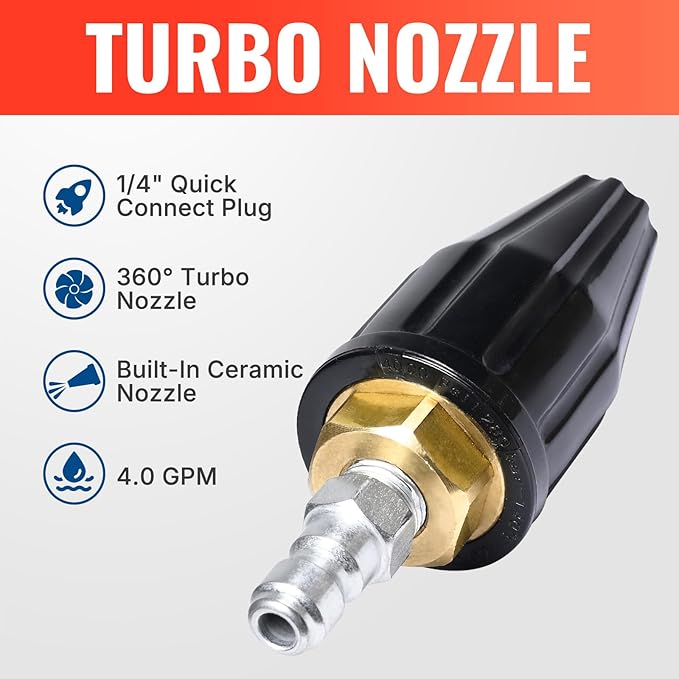 YAMATIC Pressure Washer Tips Turbo Nozzle 4000 PSI Max. 5000 PSI, 360° Rotating Turbo Spray Tips For Power Washer with 1/4" Quick Connector, 4.0 GPM