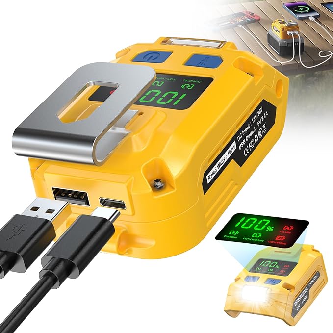 100W USB Battery Adapter Compatible with Dewalt 20V, LIVOWALNY Power Inverter Battery Inverter Charger Power Station with Type-C Port & USB Port & LED Light for Electronic Device (Tool Only)