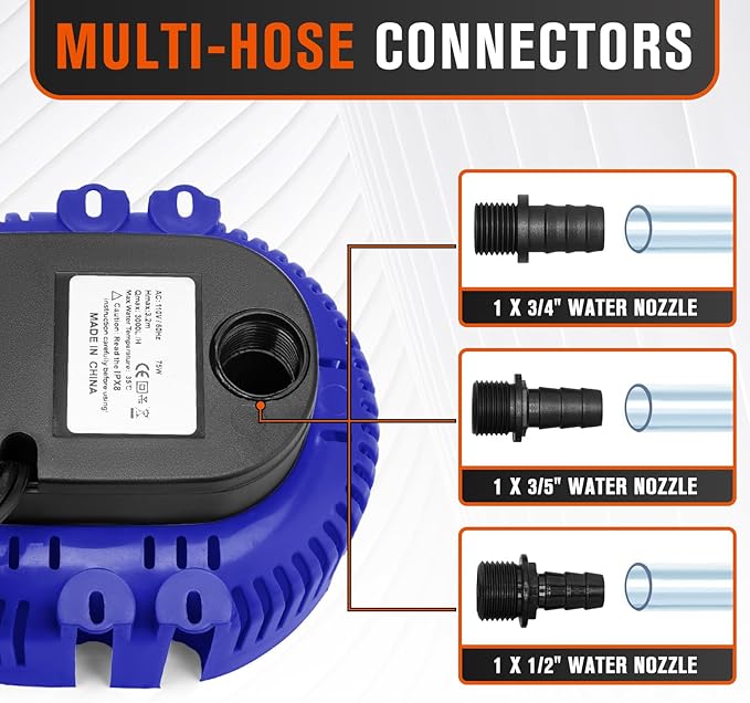 Sump Pump,Pool Cover Pump above Ground,submersible water pump Swimming Water Removal Pumps,for Swimming Pool Basement Garden Pond Tubs Draining,75W,Max Flow:850GPH,3 Adapters,25 Ft Power Cord (Blue)