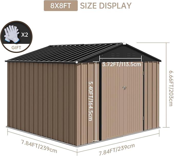 8X8FT Metal Outdoor Storage Shed - Galvanized Steel Waterproof Garden Shed with Lockable Doors & Vents, All-Weather Utility Tool Shed for Lawn Mower, Bike