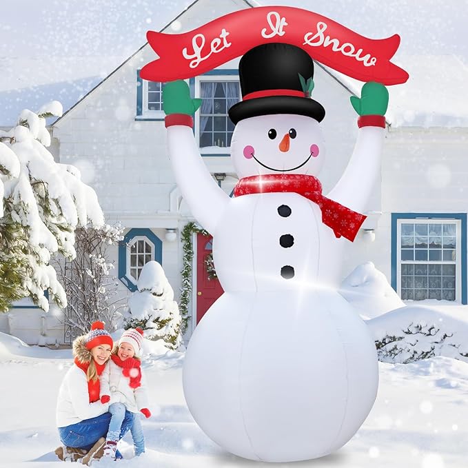 12 Feet Inflatable Christmas Banner Snowman Outdoor Holiday Decoration with LED Lights Christmas Inflatable Decor Seasonal Lawn Garden Entrance Party Décor Happy Festive Atmosphere